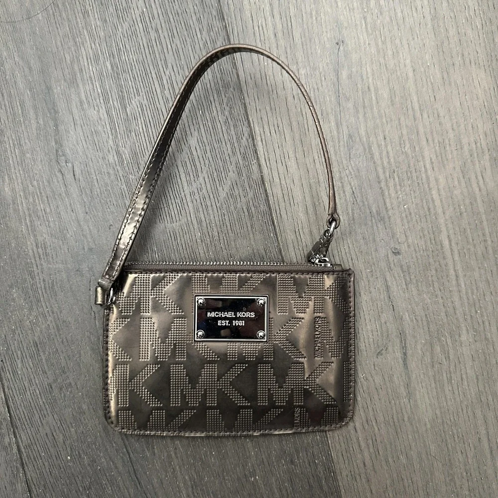 VTG Michael Kors Y2K Clutch Wristlet Bag Mini Bronze PVC MK Zip Detachable Strap